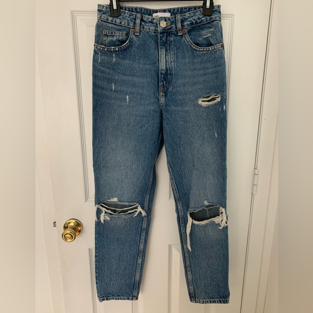 Zara Distressed Blue High-Rise Mom Jeans